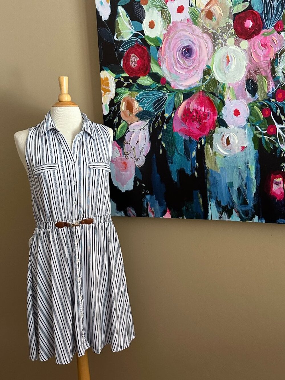 Indigo Rose Striped Sleeveless Shirt Dress Medium White Navy Belted Button Front
